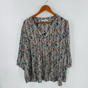 Rose + Olive Floral Print Button Front Blouse Size 2X Boho Floral Flowy Festival